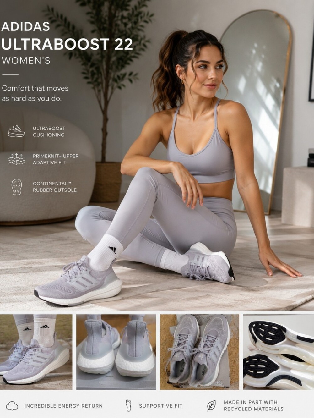 NWOT ULTRABOOST 22 adidas Light Gray Knit Lace-Up Women's Sneakers